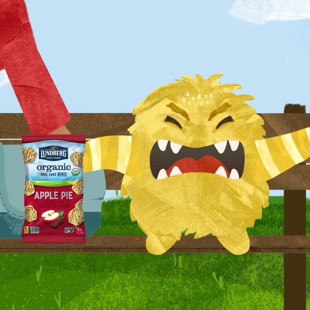  Image of cartoon monster on bench next to Lundberg Mini Rice Cakes package 